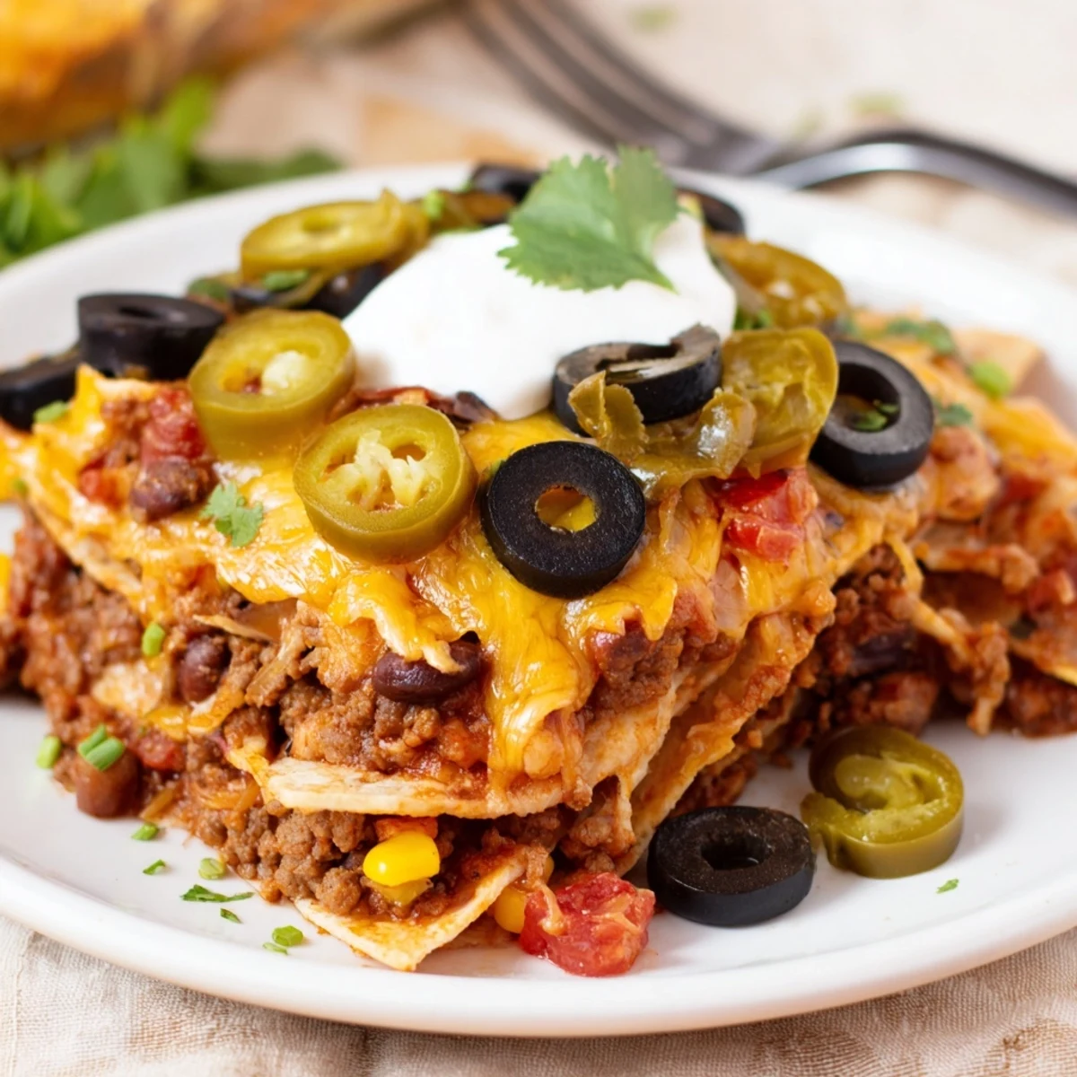Family-style Cheesy Nacho Casserole served hot with sour cream, green onions