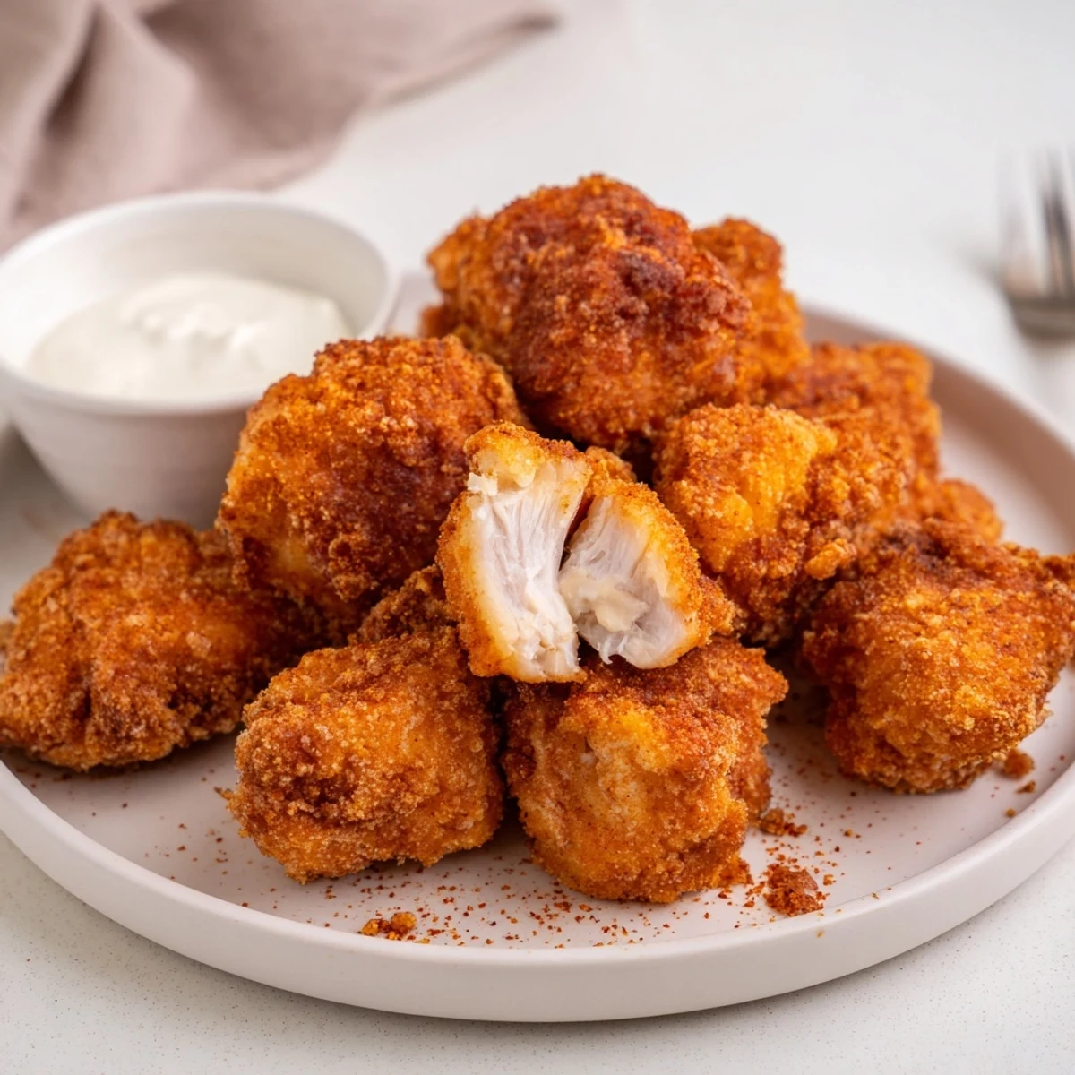 Chicken Bites sizzling golden brown, crispy exterior and tender juicy interior