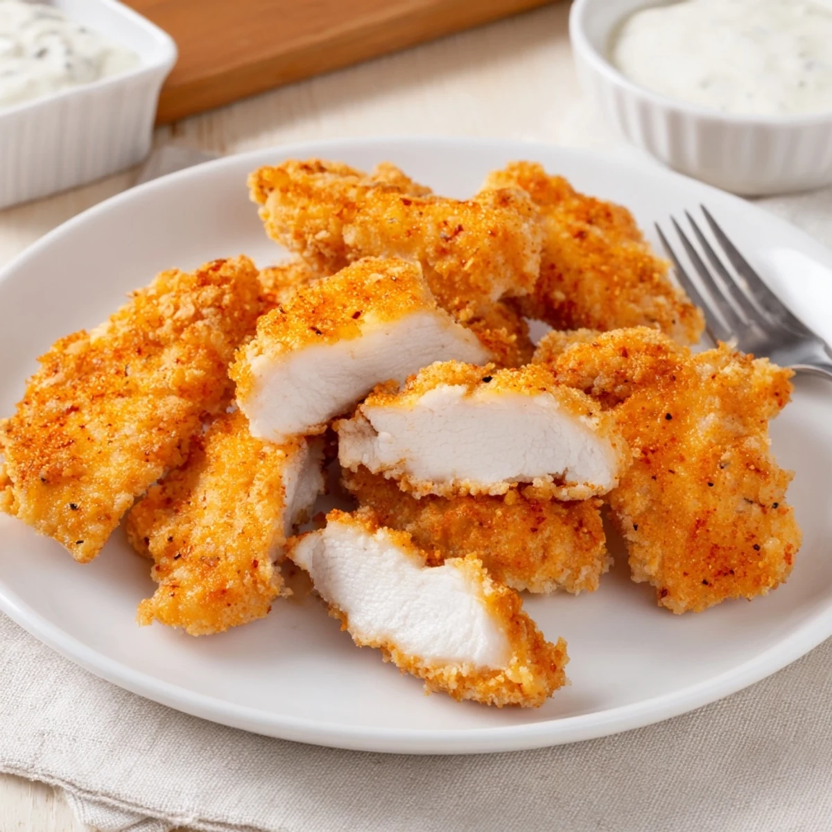 Warm Chicken Bites piled on plate, steam rising, paired with ranch