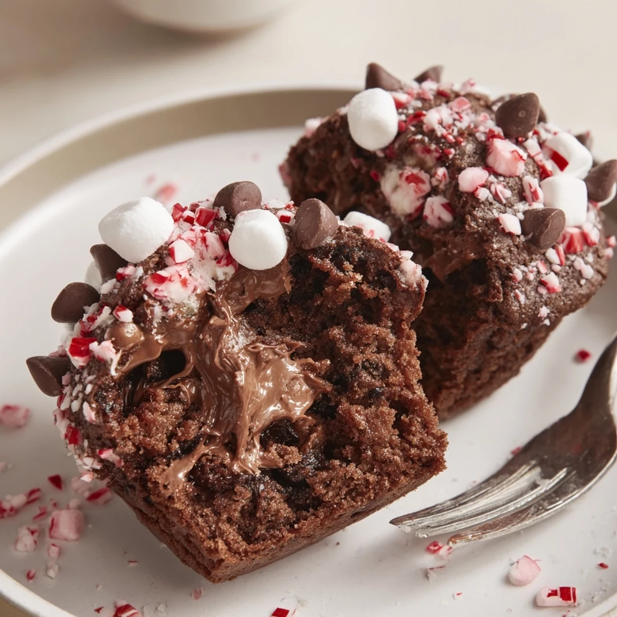 Peppermint Hot Chocolate Muffins, warm and moist with gooey chocolate chips