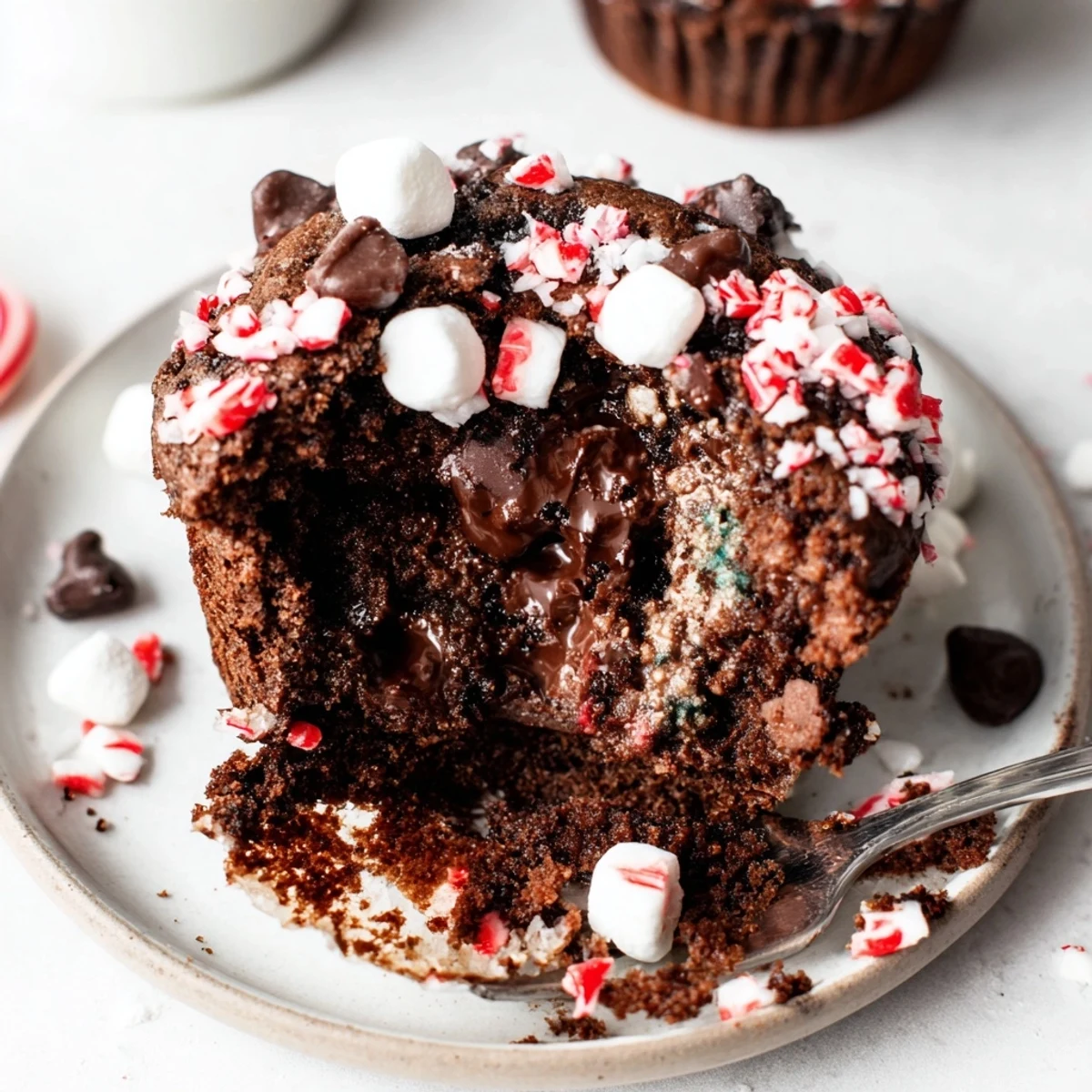 Freshly baked Peppermint Hot Chocolate Muffins cooling on a wire rack, aromatic