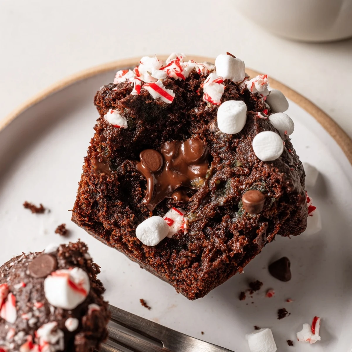 Peppermint Hot Chocolate Muffins topped with crushed candy, perfect alongside hot cocoa