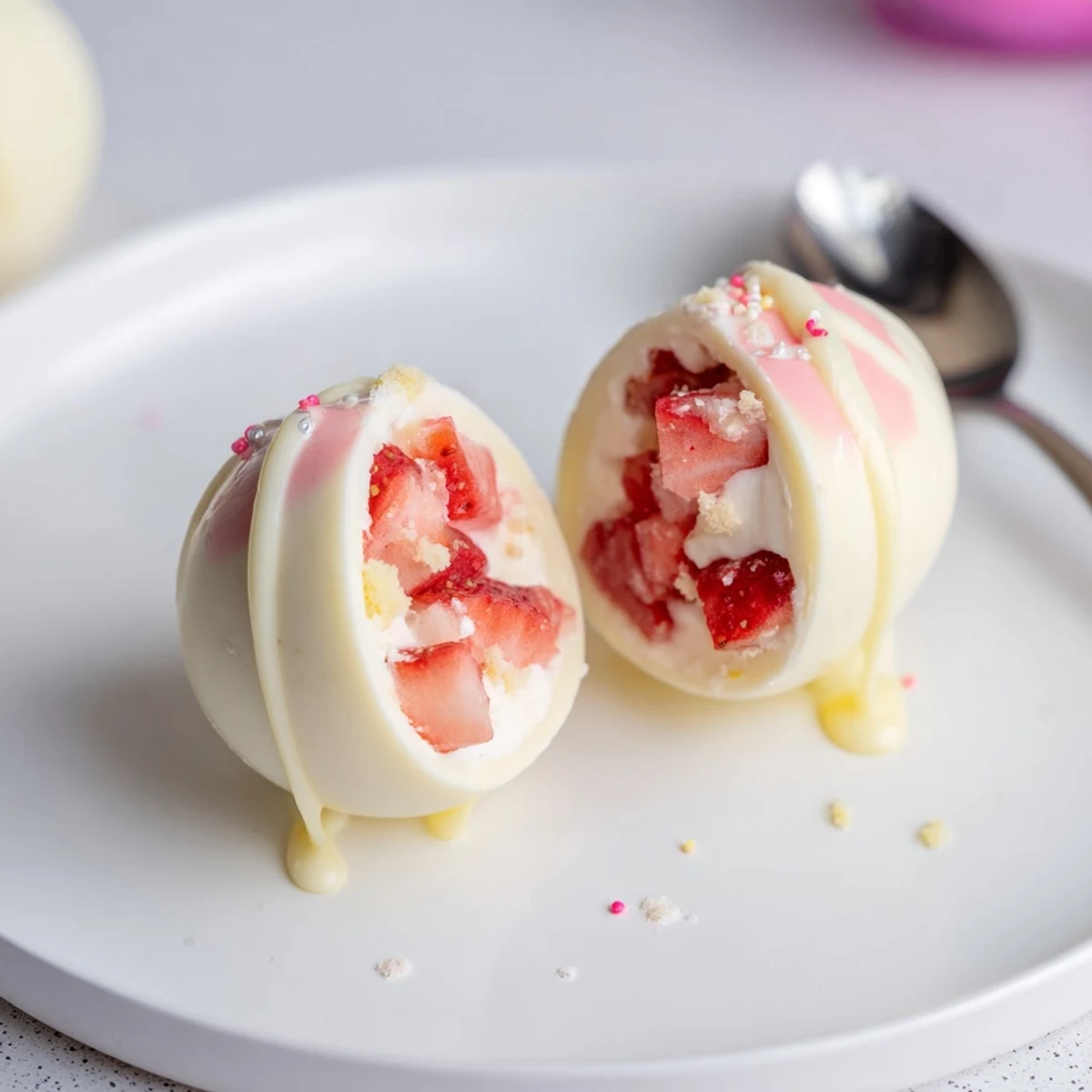 Strawberry Shortcake Easter Egg Bombs with creamy filling and crunchy shortcake bits