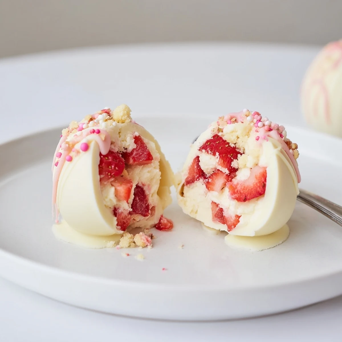 Close-up of Strawberry Shortcake Easter Egg Bombs drizzled with chocolate, sprinkled edible glitter