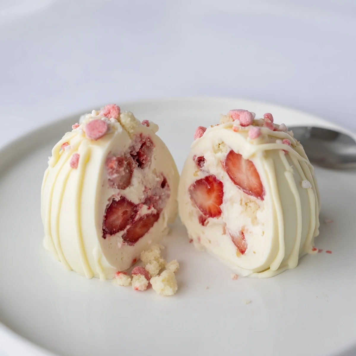 Hand holding Strawberry Shortcake Easter Egg Bombs, soft whipped cream oozing strawberries