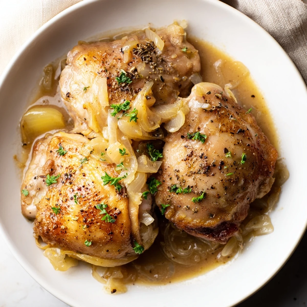 Savory Smothered Chicken Thighs In Rich Gravy Recipe served over creamy mashed potatoes.