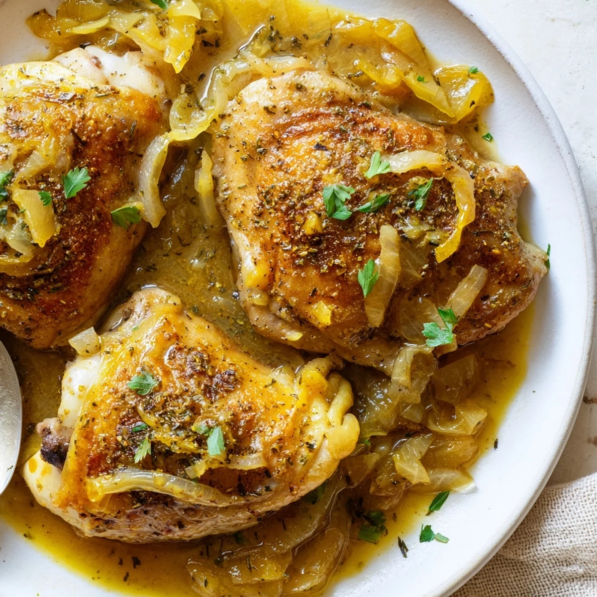 Savory Smothered Chicken Thighs In Rich Gravy Recipe with golden skin and onion-scented gravy.