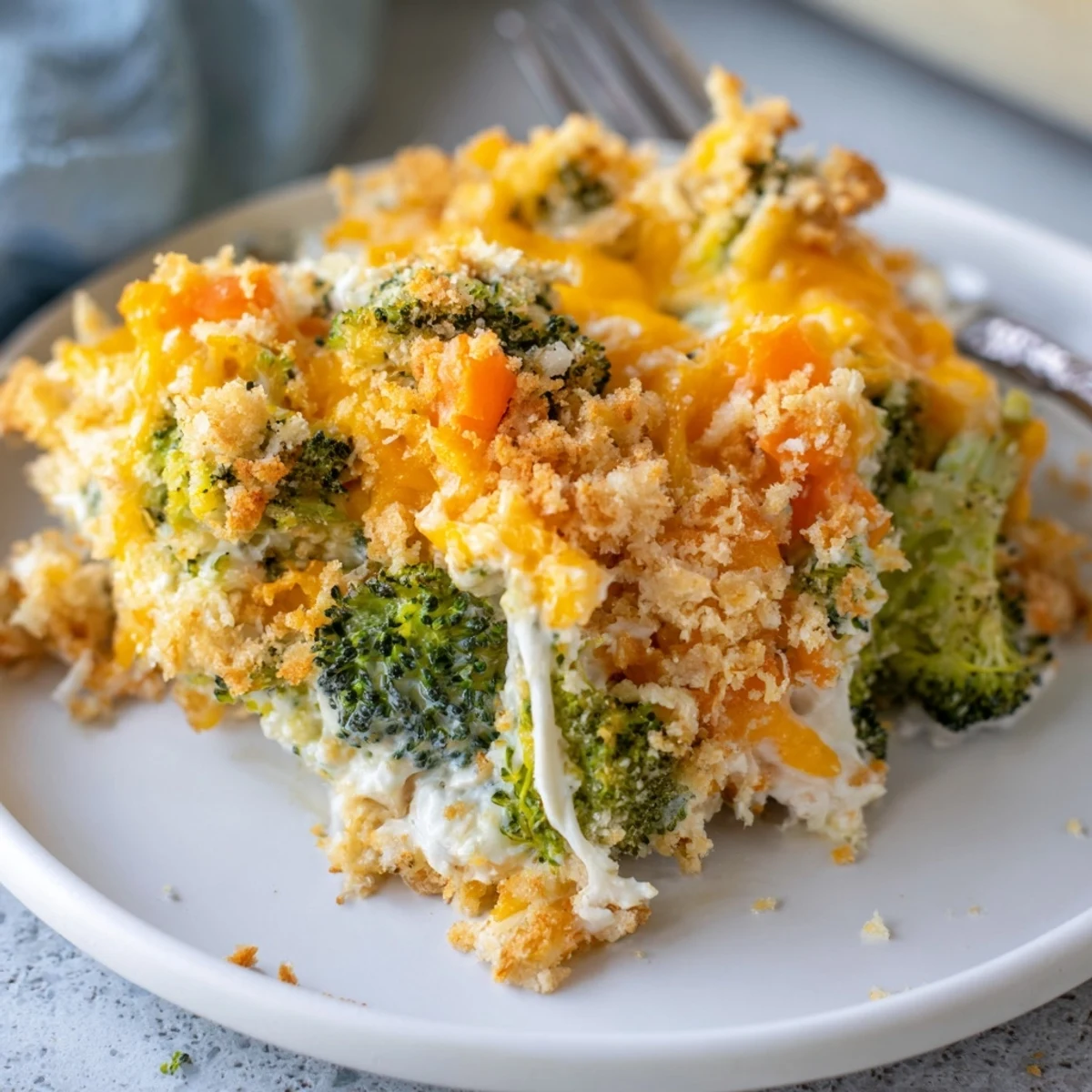 Warm Cheese Bake Broccoli Carrots with golden breadcrumb crust, bubbling cheese