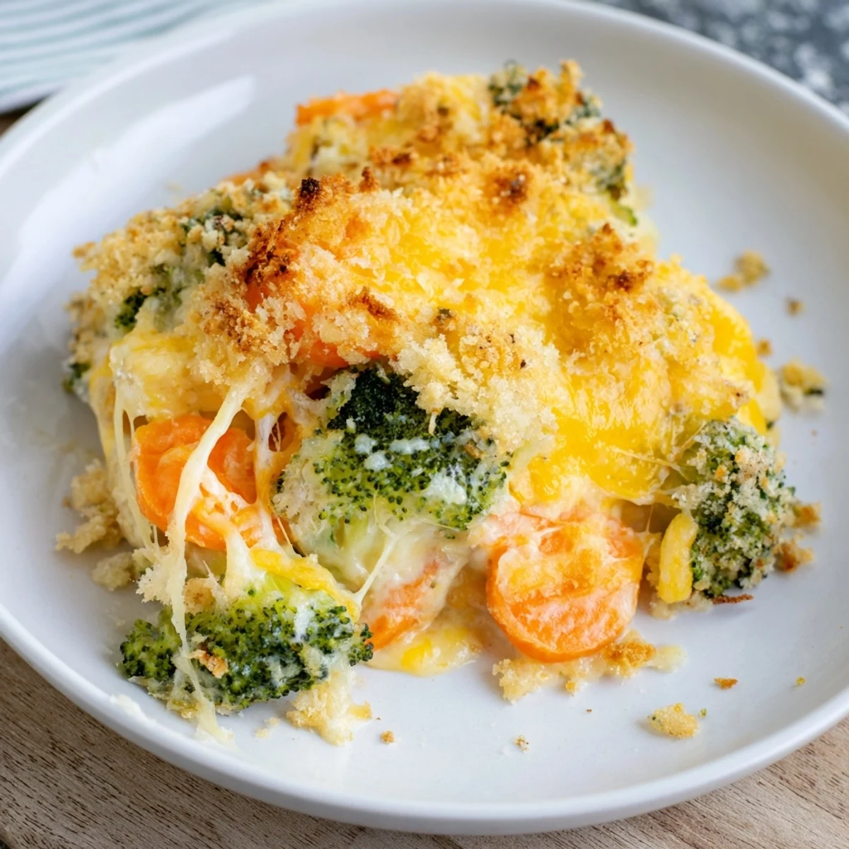 Creamy Cheese Bake Broccoli Carrots studded with tender florets and sweet carrots