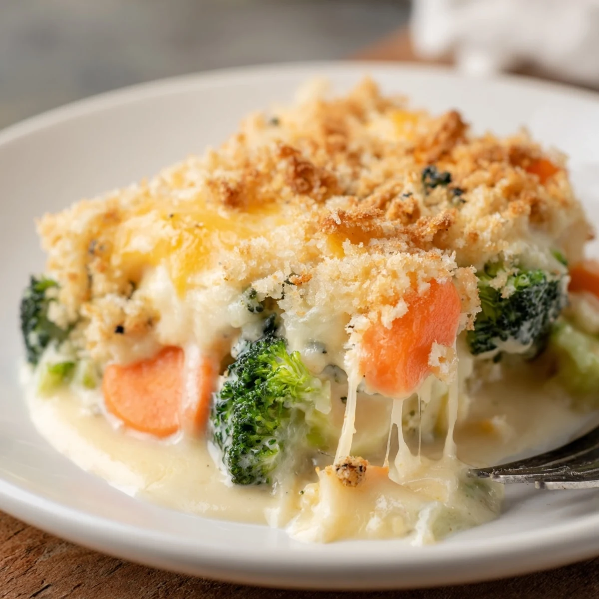 Serve hot Cheese Bake Broccoli Carrots as a hearty vegetarian side with parsley