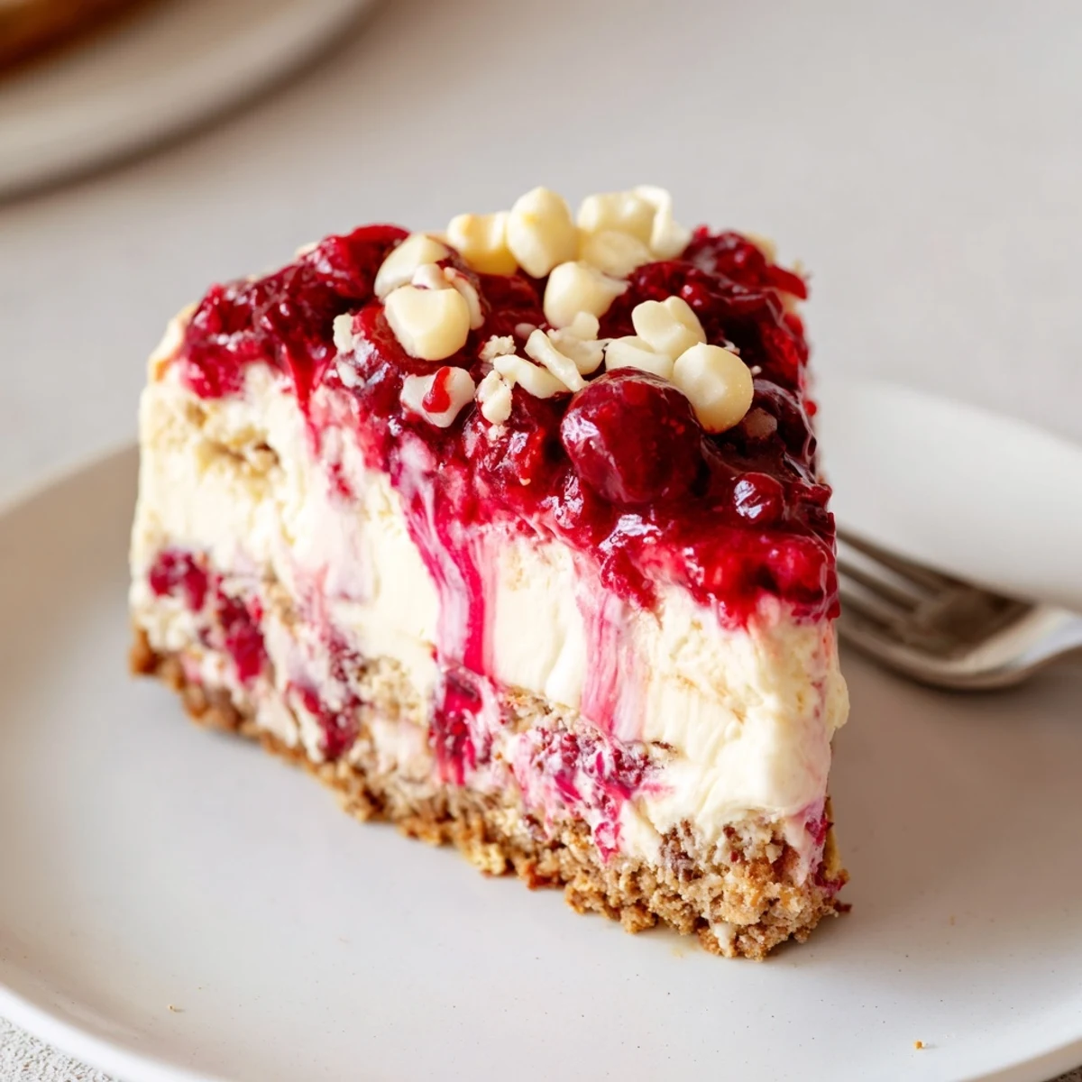 No Bake Cranberry White Chocolate Cheesecake in springform pan, glossy cranberry topping  