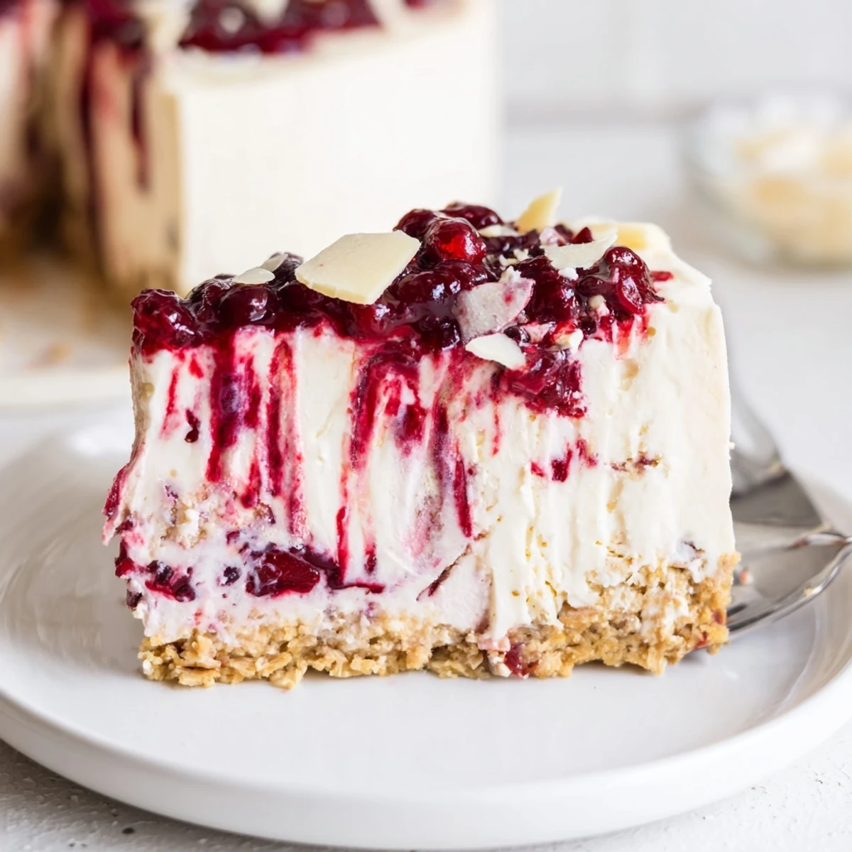 Chilled No Bake Cranberry White Chocolate Cheesecake, creamy filling over buttery graham crust  
