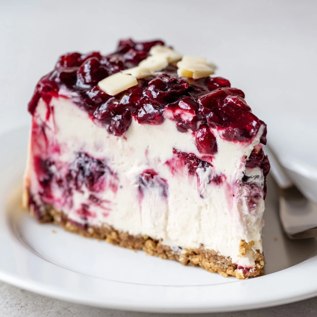 Slice of No Bake Cranberry White Chocolate Cheesecake topped with whipped cream