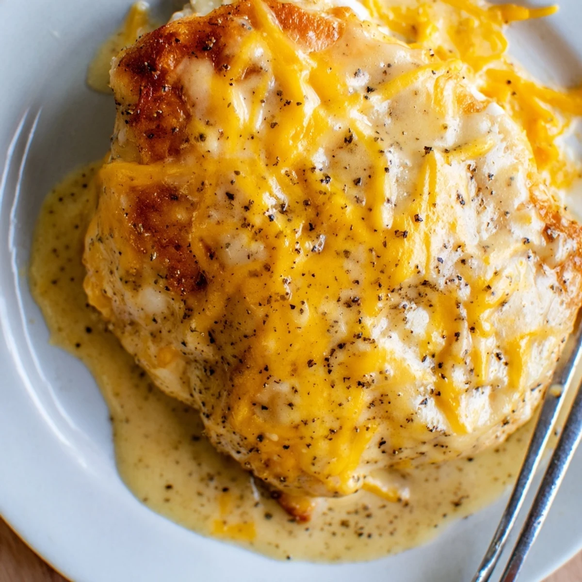 Chicken With Cheese Sauce: golden seared breasts smothered in silky cheddar sauce