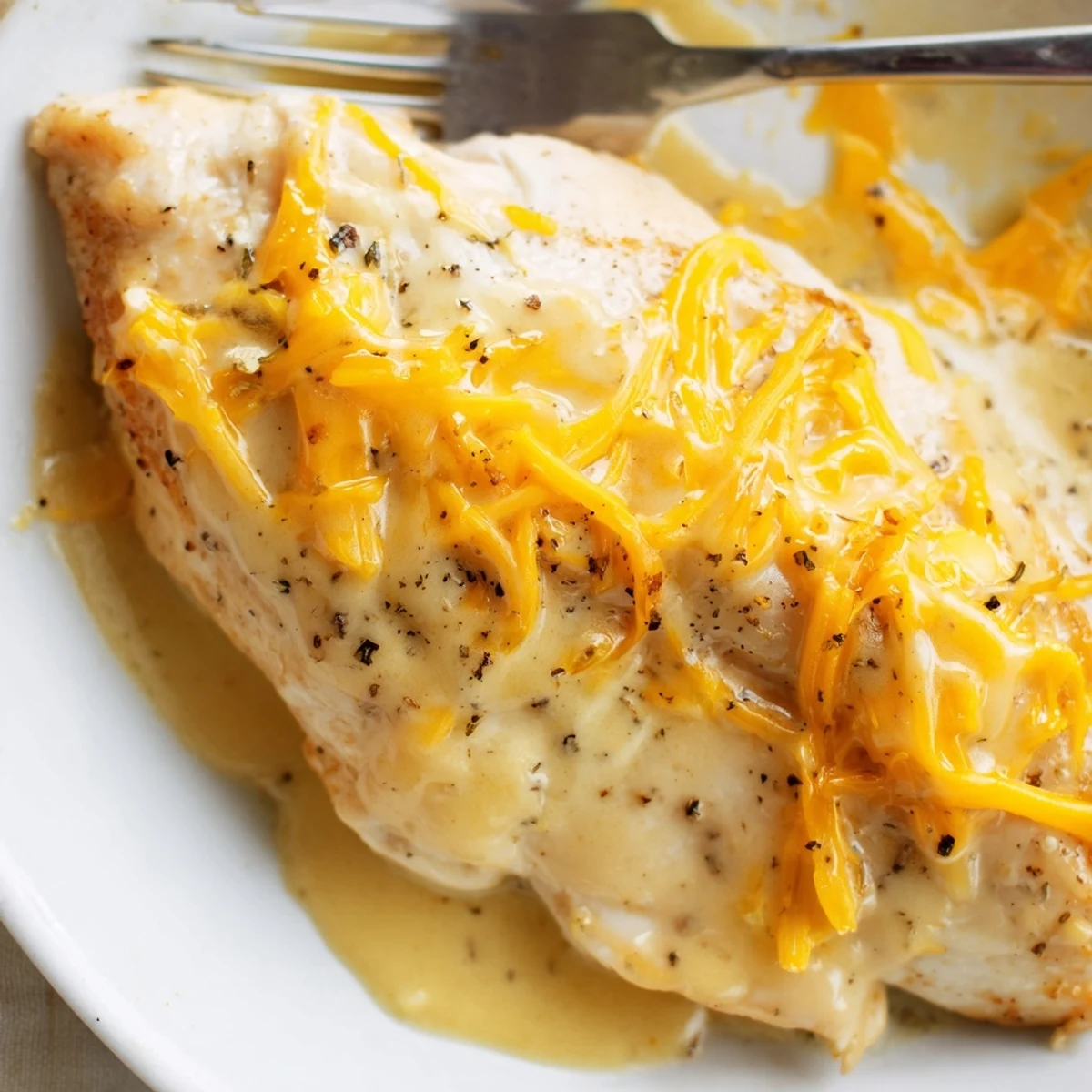 Sliced Chicken With Cheese Sauce steaming over roasted broccoli for weeknight comfort