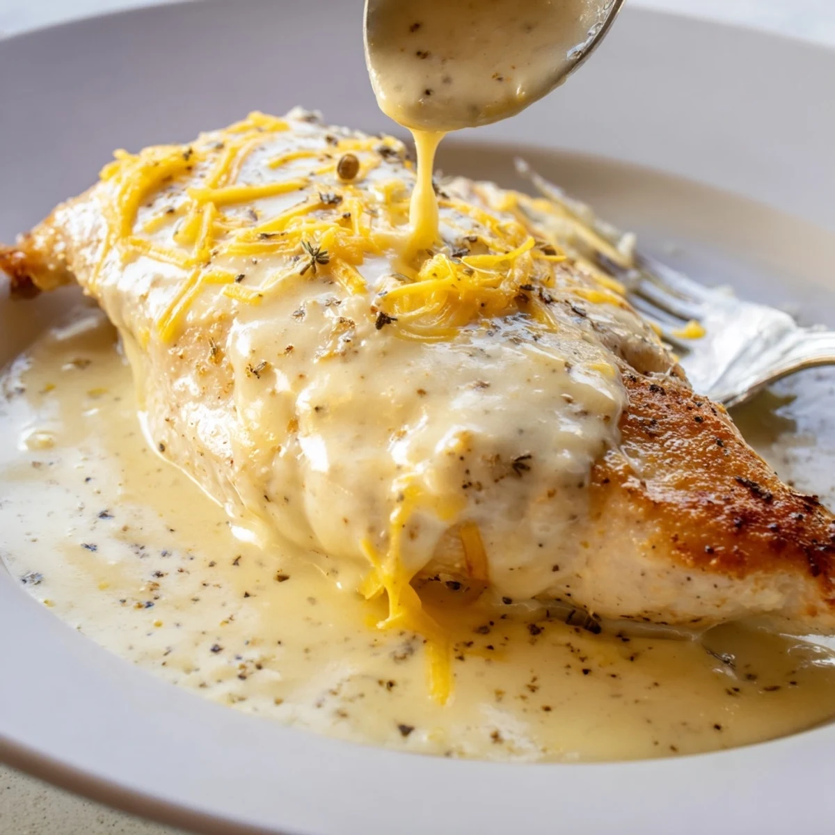 Oven-baked Chicken With Cheese Sauce plated with vibrant green broccoli and parsley