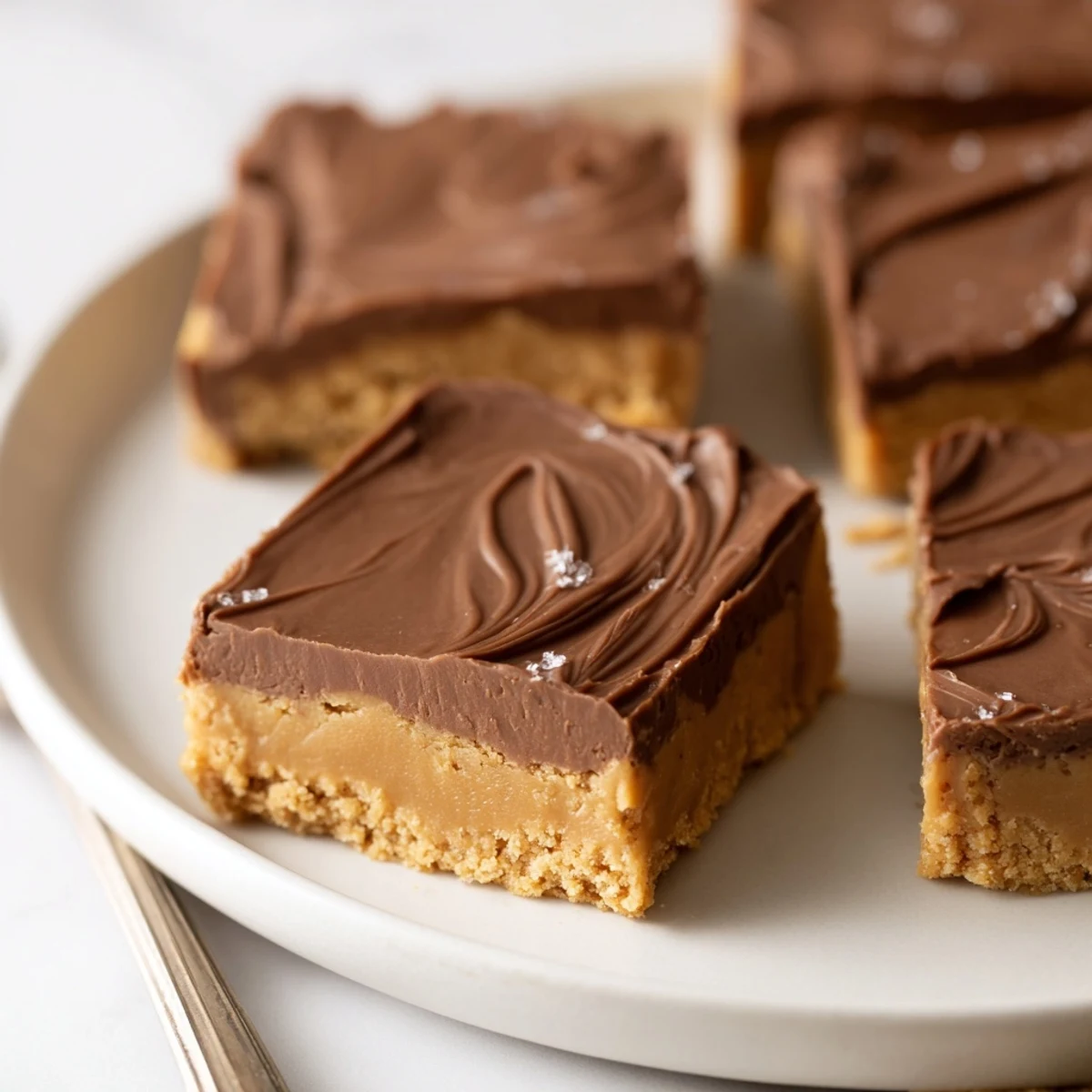 No Bake Peanut Butter Bars chilled on parchment, glossy chocolate topping, nutty aroma.