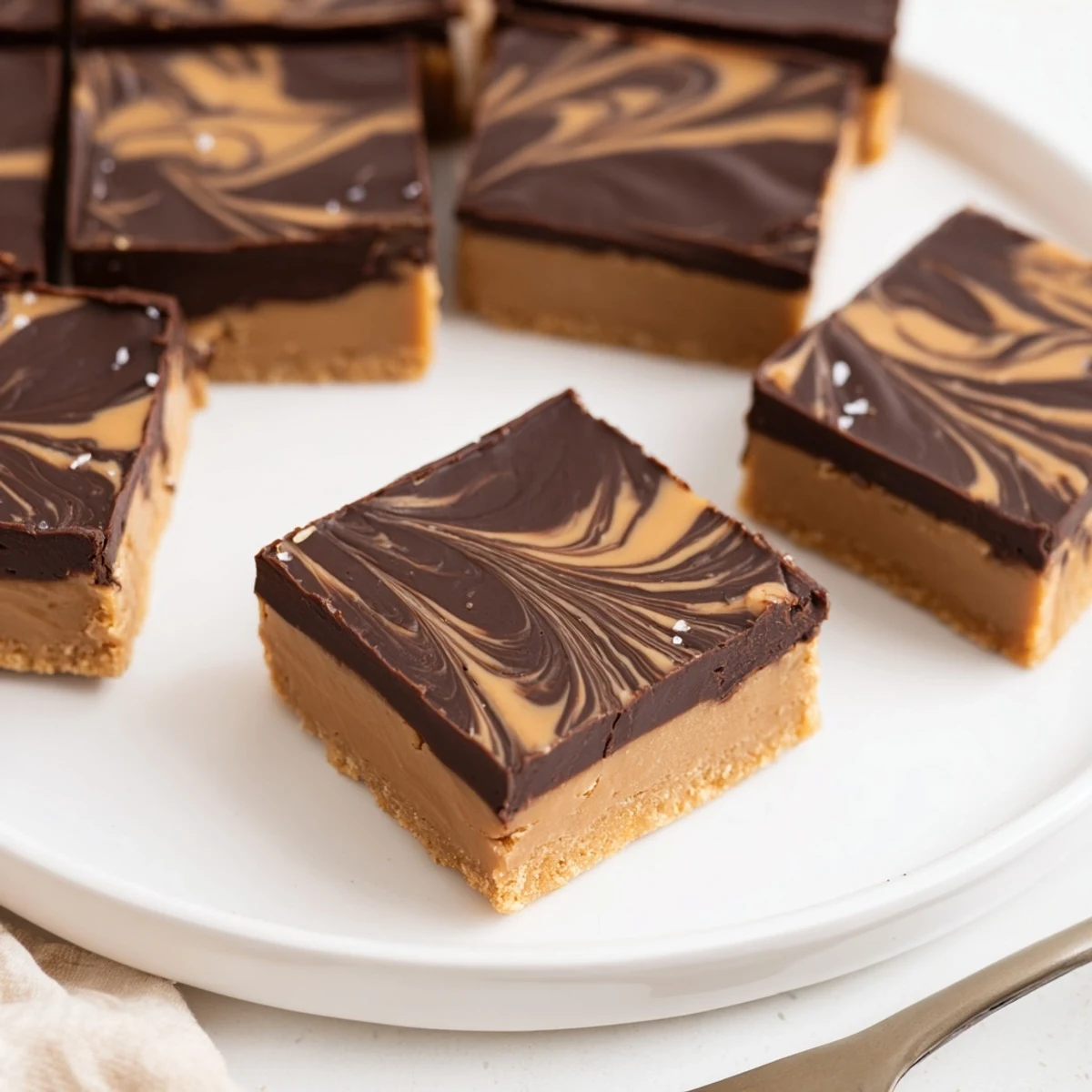 Slice of No Bake Peanut Butter Bars served on plate, creamy, rich.