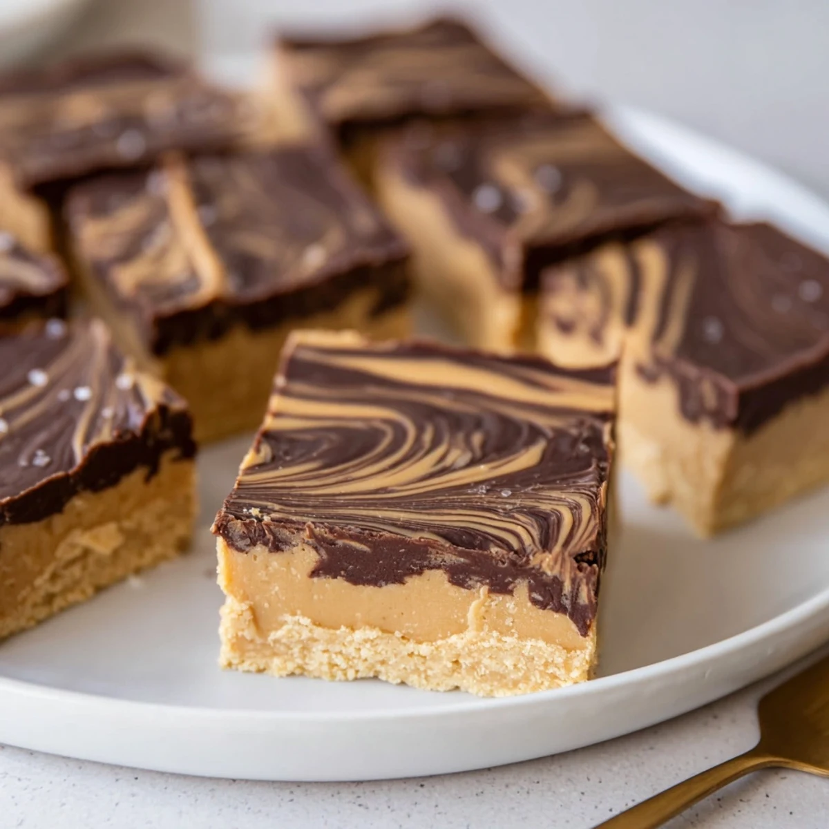 Stacked No Bake Peanut Butter Bars sprinkled with sea salt, chewy chocolate layers.