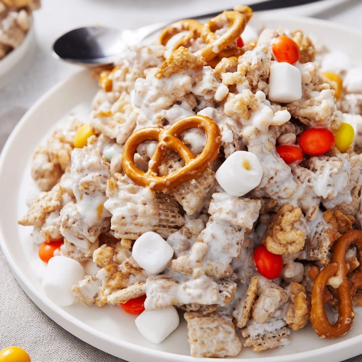 White Trash Snack Mix glistening with creamy white chocolate, crunchy sweet and salty bites