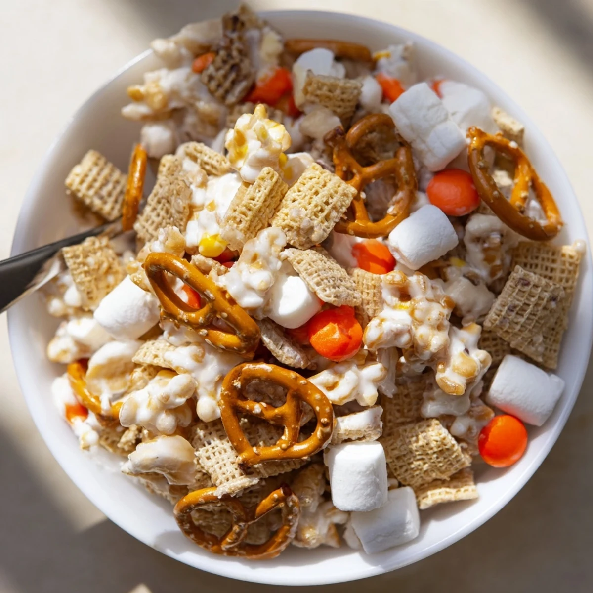 No bake White Trash Snack Mix spread on sheet pan, cooling into sweet clusters