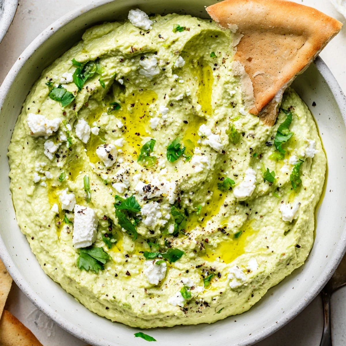 Creamy Avocado Feta Dip in bowl, silky texture, drizzled olive oil.