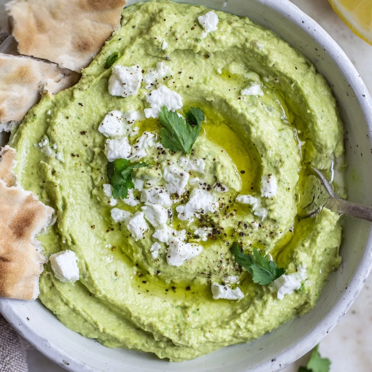 Fresh cilantro and garlic aroma tops Creamy Avocado Feta Dip, party-ready.