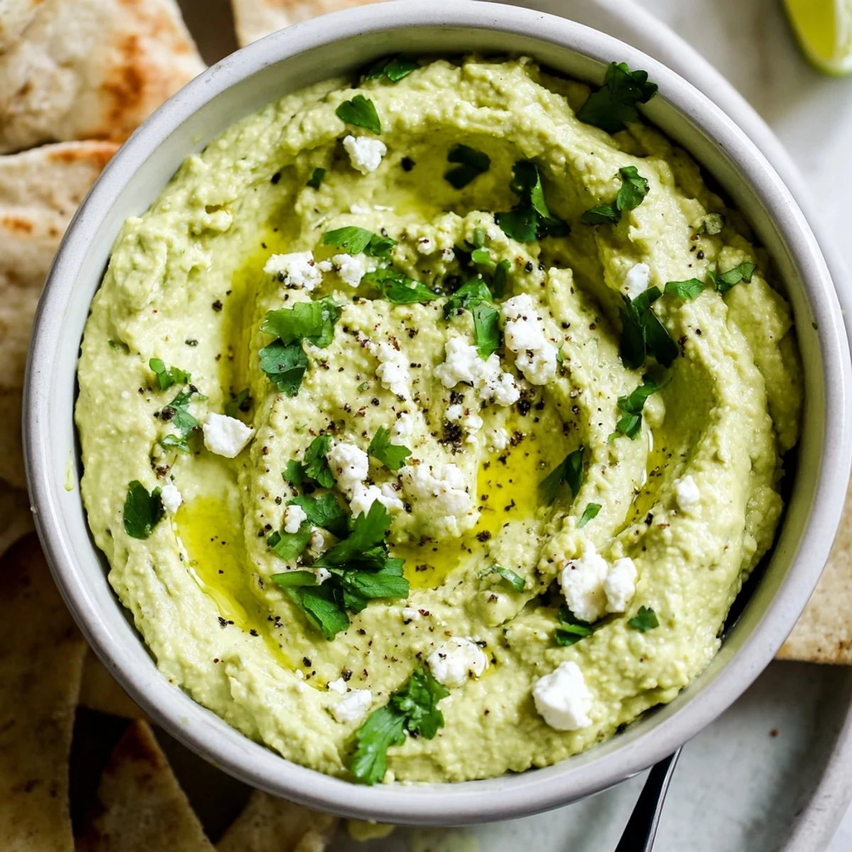 Chunky pita chips scooping Creamy Avocado Feta Dip with bright lime notes.