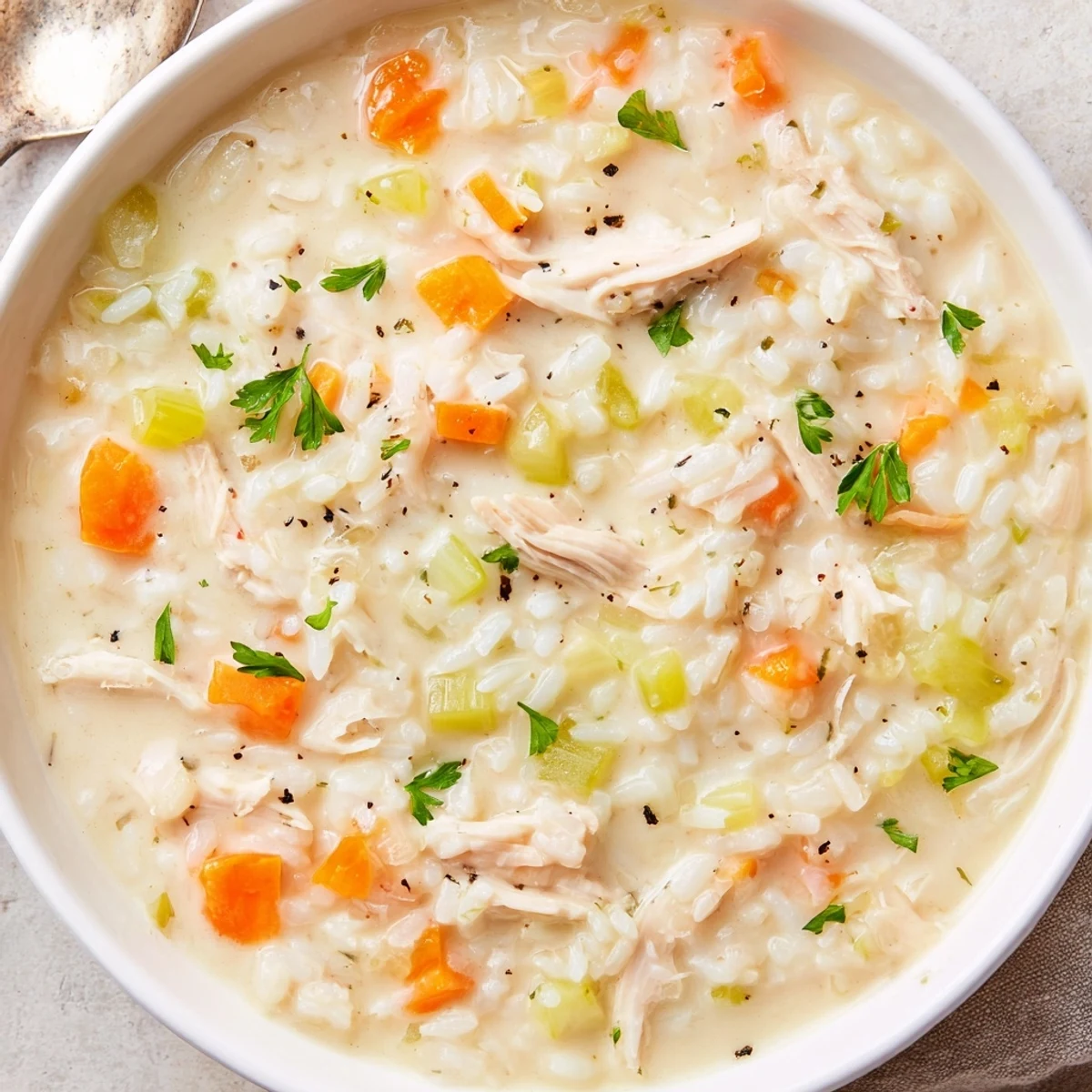 Creamy Chicken Rice Soup steaming in a bowl, herbs and crusty bread.