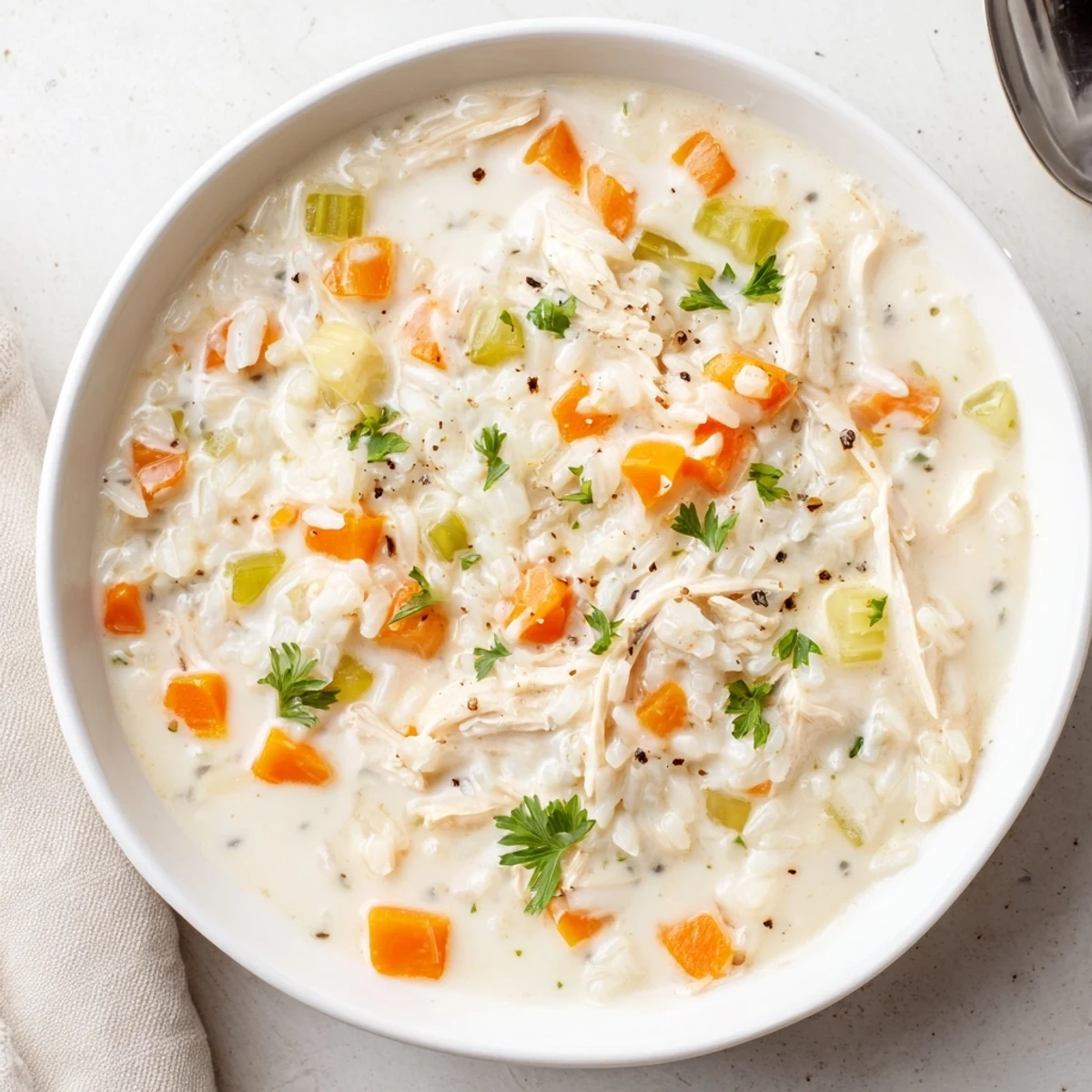 Velvety Creamy Chicken Rice Soup ladled into a rustic bowl, parsley garnish.