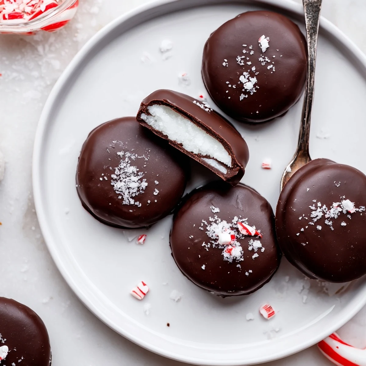 Peppermint Patties arranged on parchment, glossy dark chocolate, cool mint center.