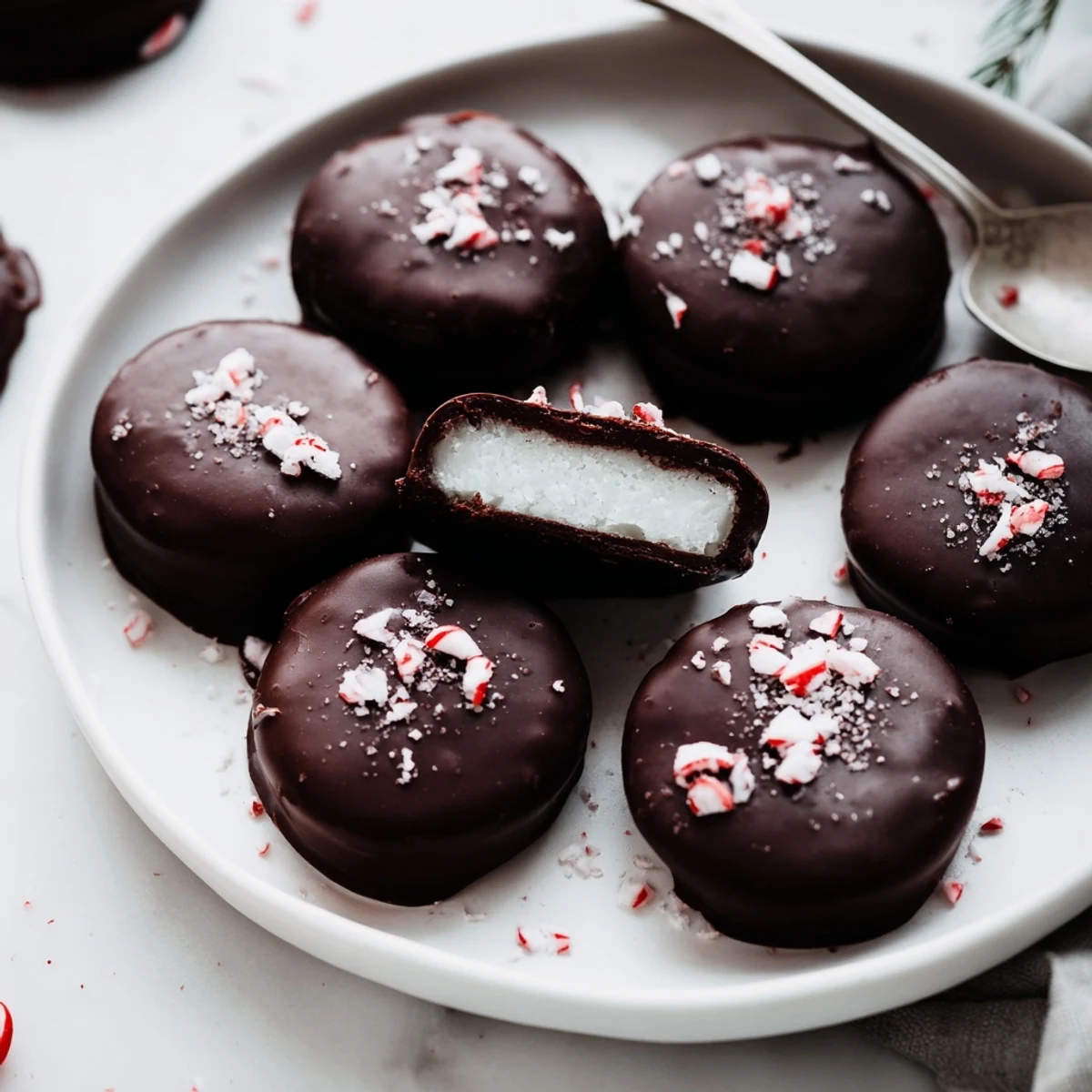 Close-up of a Peppermint Patties cross-section, creamy white filling, dark chocolate.