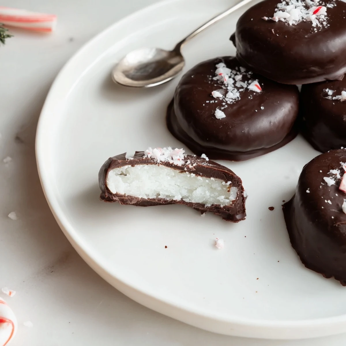 Hand-dipped Peppermint Patties cooling on rack, sprinkled crushed candy cane.