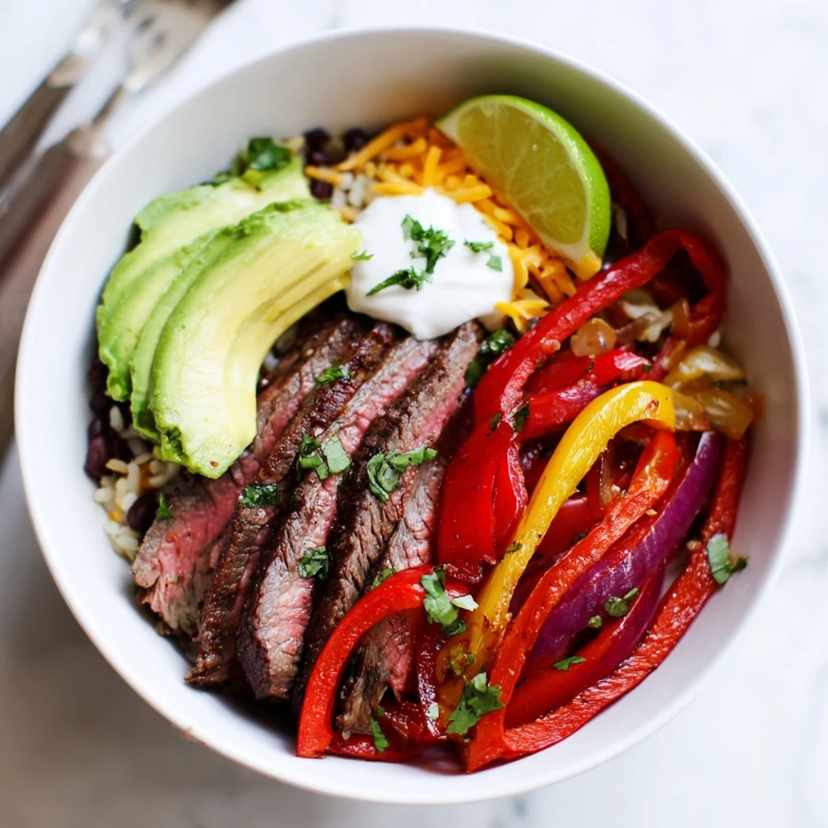 Overhead bowl of Steak Fajita Power Bowls: tender steak, avocado, cilantro