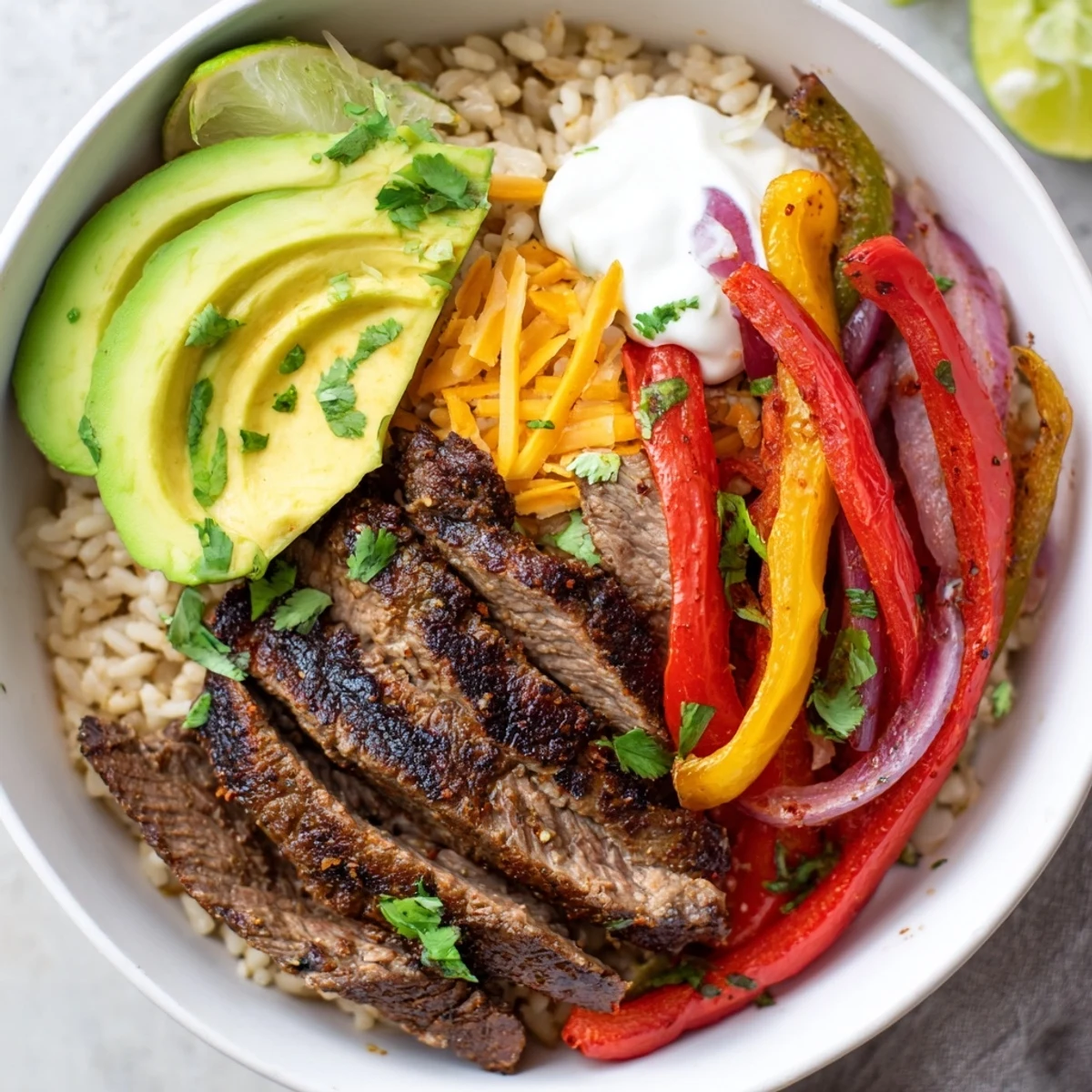 Family-style Steak Fajita Power Bowls served warm with rice, beans, cheese