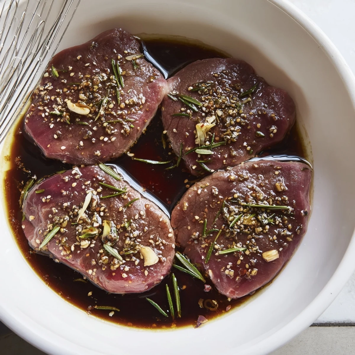 Steak Marinade glistening over raw ribeye, garlic and rosemary visible