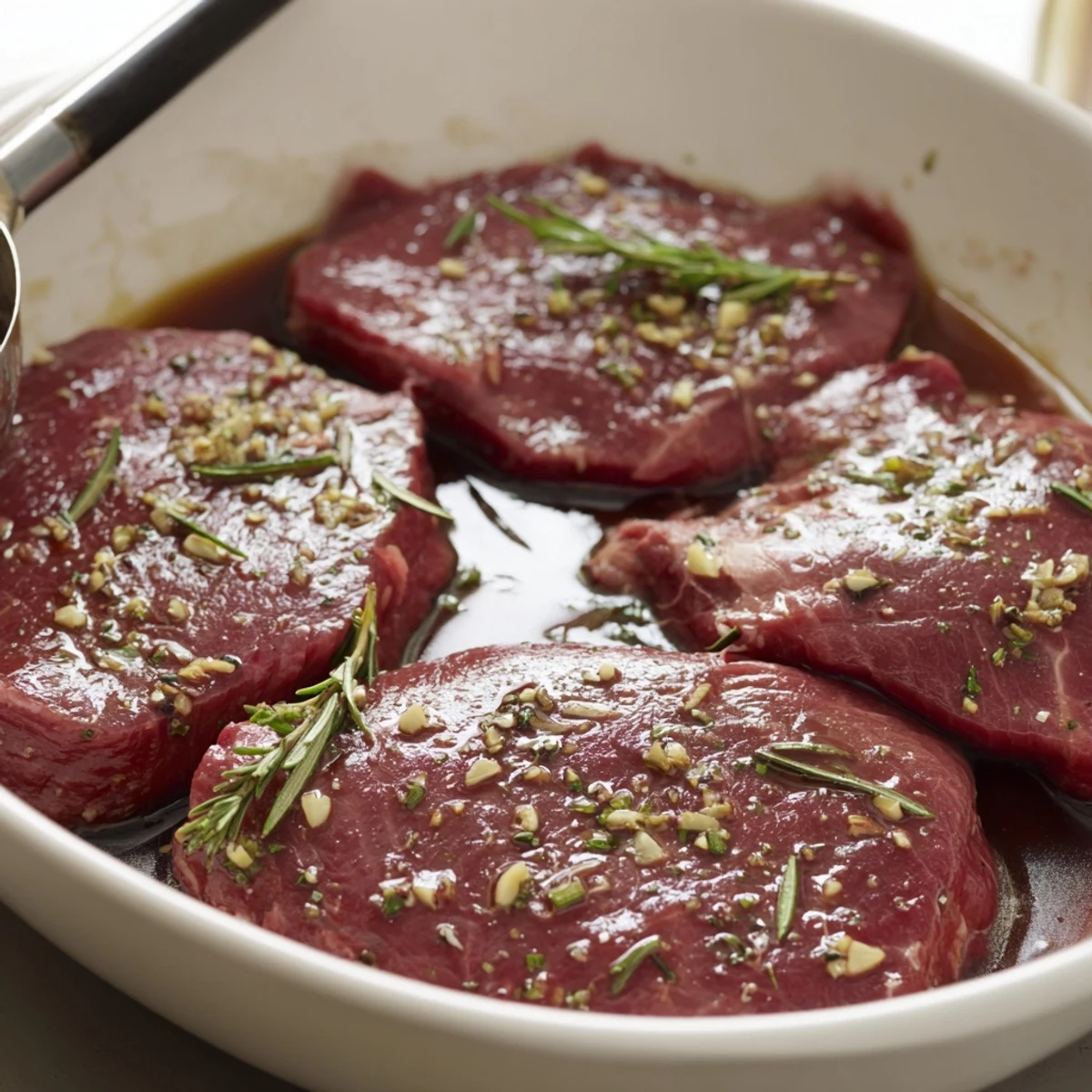 Serving suggestion: Steak Marinade poured over cooked steak, charred edges steaming