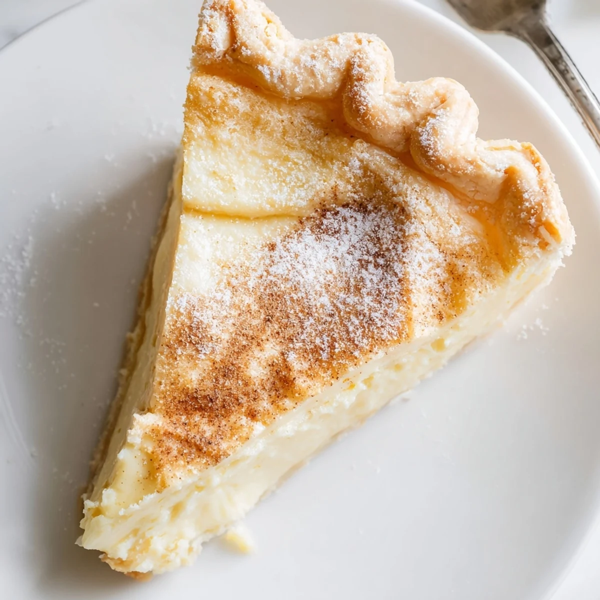 Sliced Christmas Eve Custard Pie With Cinnamon Vanilla served with whipped cream  
