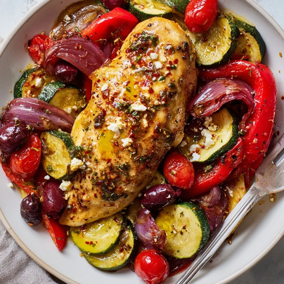 Sheet Pan Mediterranean Chicken Zucchini roasted golden with lemon, olives, and feta.