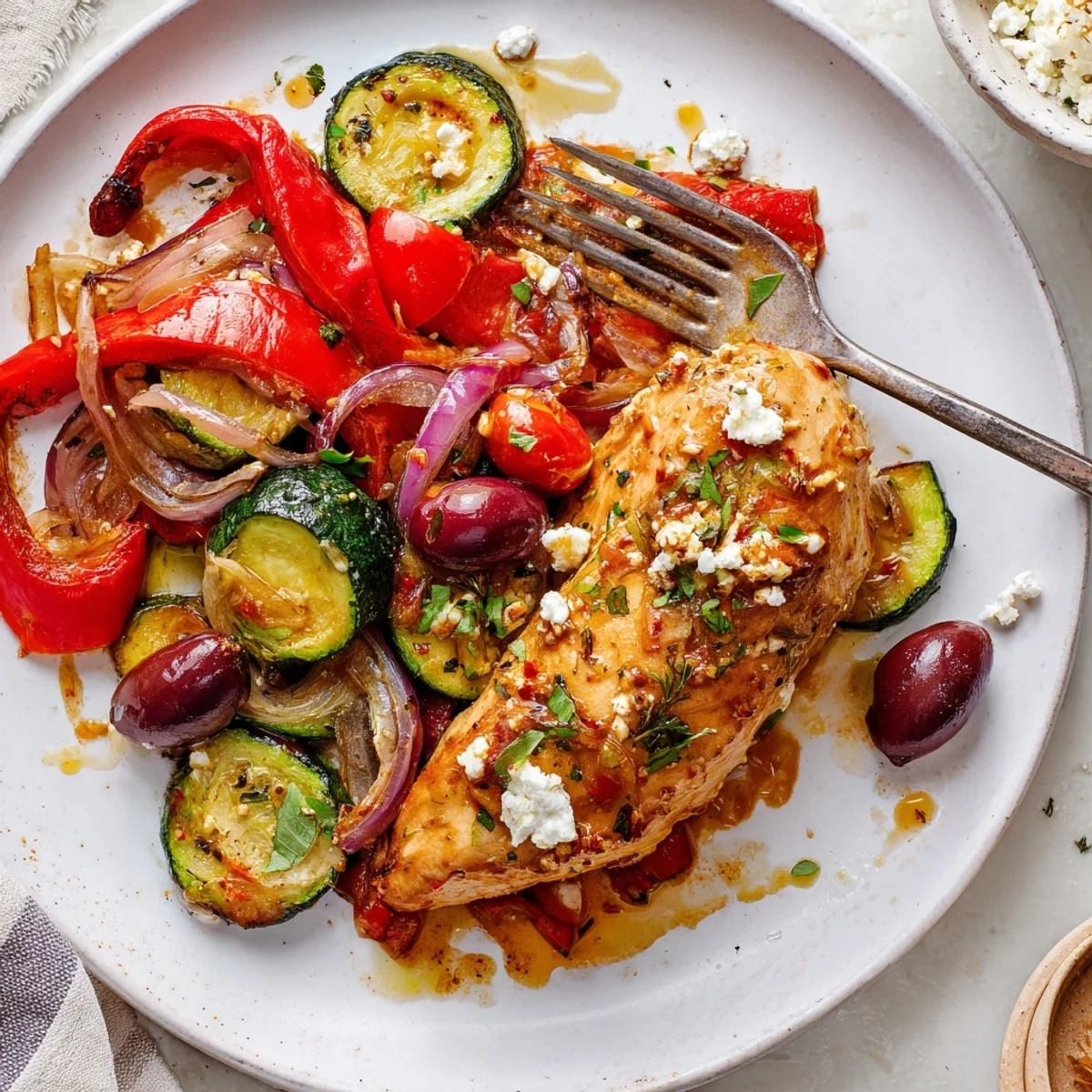 Weeknight Sheet Pan Mediterranean Chicken Zucchini served hot with parsley and pan juices.