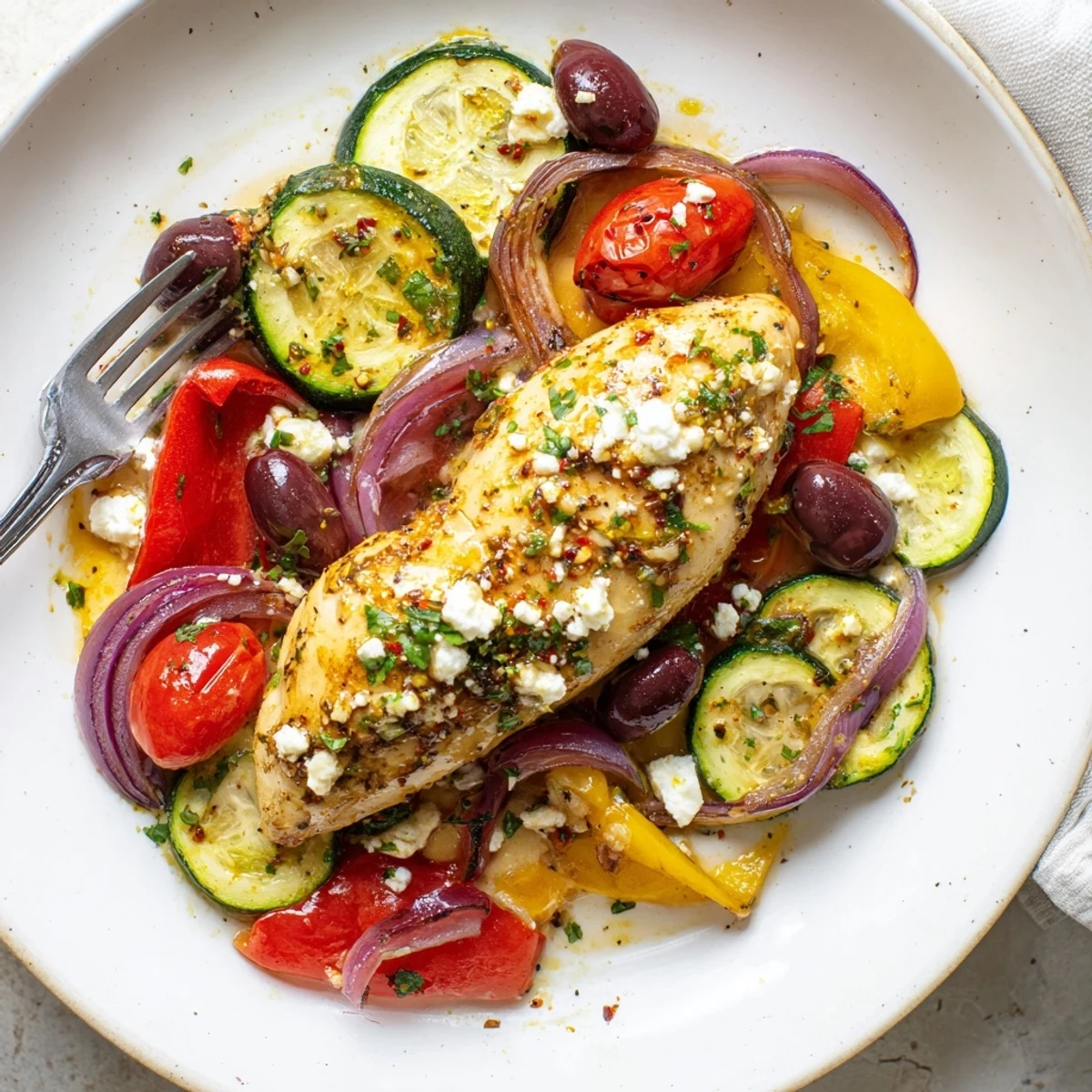 Oven-finished Sheet Pan Mediterranean Chicken Zucchini resting on parchment, juicy vegetables.