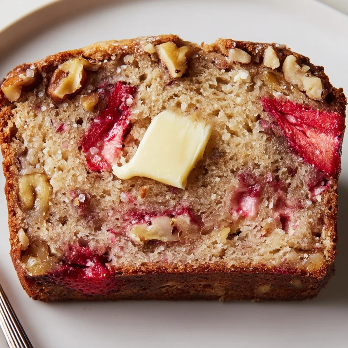 Strawberry Banana Bread Recipe on a cooling rack, speckled with fresh strawberries.