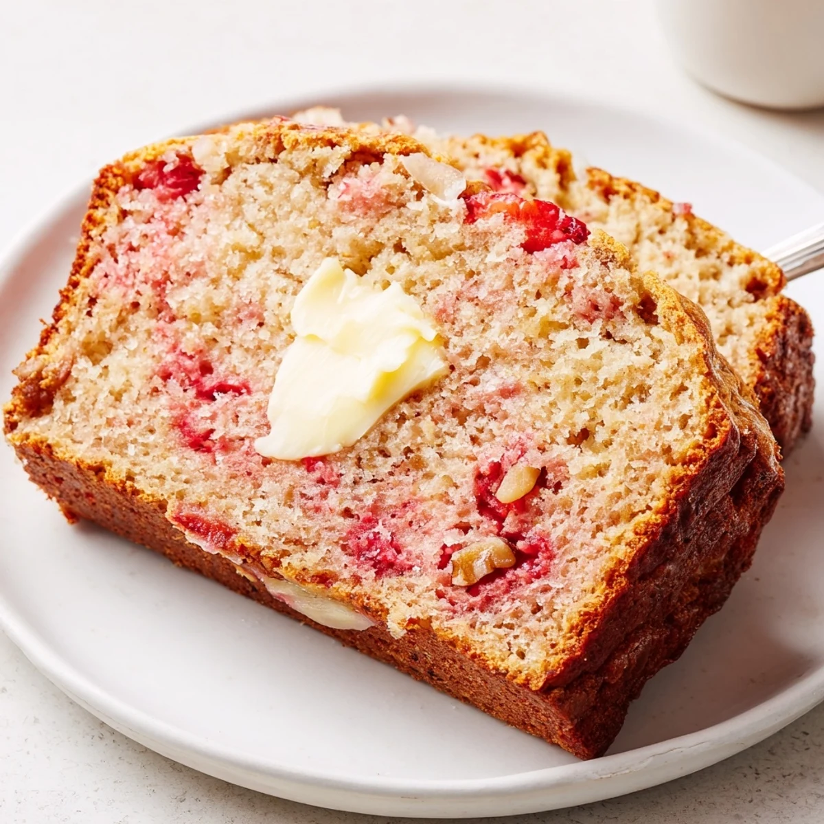 Strawberry Banana Bread Recipe showing a warm, moist loaf sliced with butter.