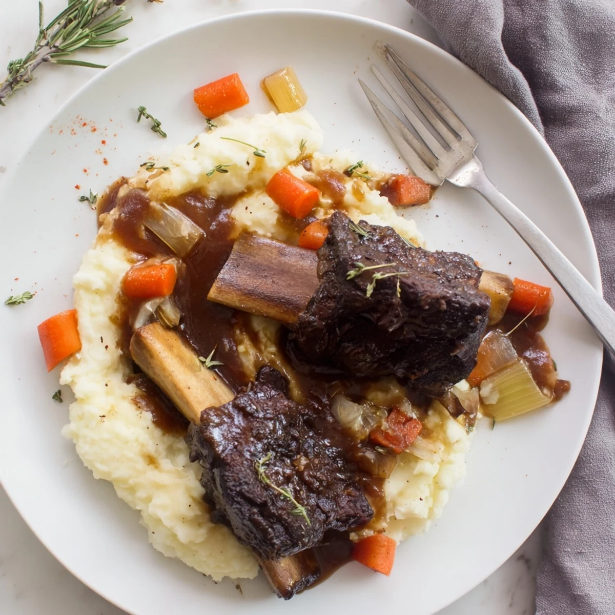 Slow Cooker Beef Short Ribs glistening in rich sauce, served with mashed potatoes
