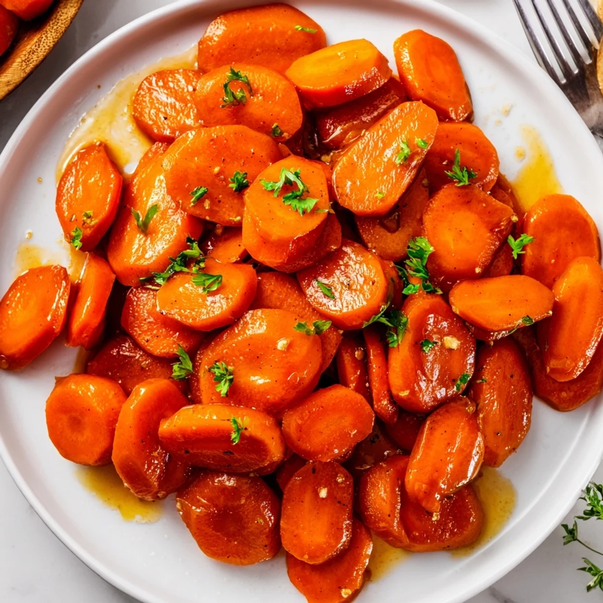 Skillet-cooked Glazed Carrots, tender slices tossed in shiny brown sugar glaze  