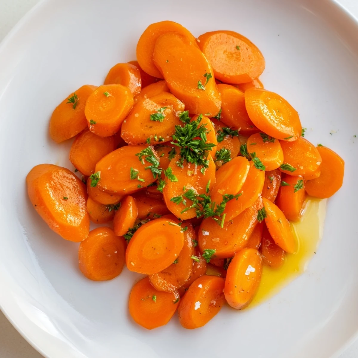 Holiday-style Glazed Carrots with parsley garnish, sweet and slightly peppered