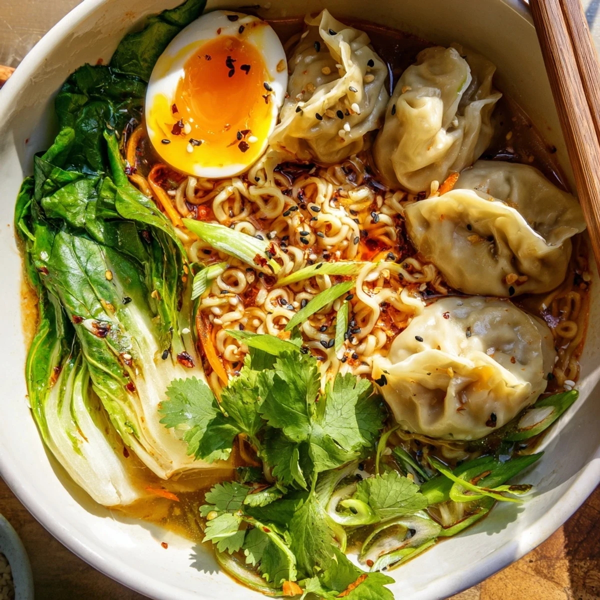 Dumpling Ramen Bowl With Soft Boiled Eggs And Fresh Greens, steaming aromatic broth.