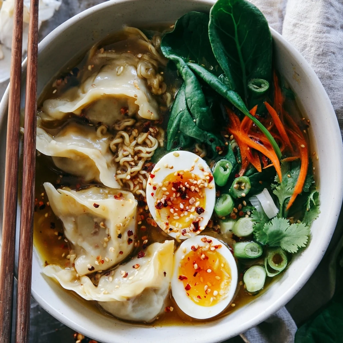 Savory broth surrounds Dumpling Ramen Bowl With Soft Boiled Eggs And Fresh Greens.