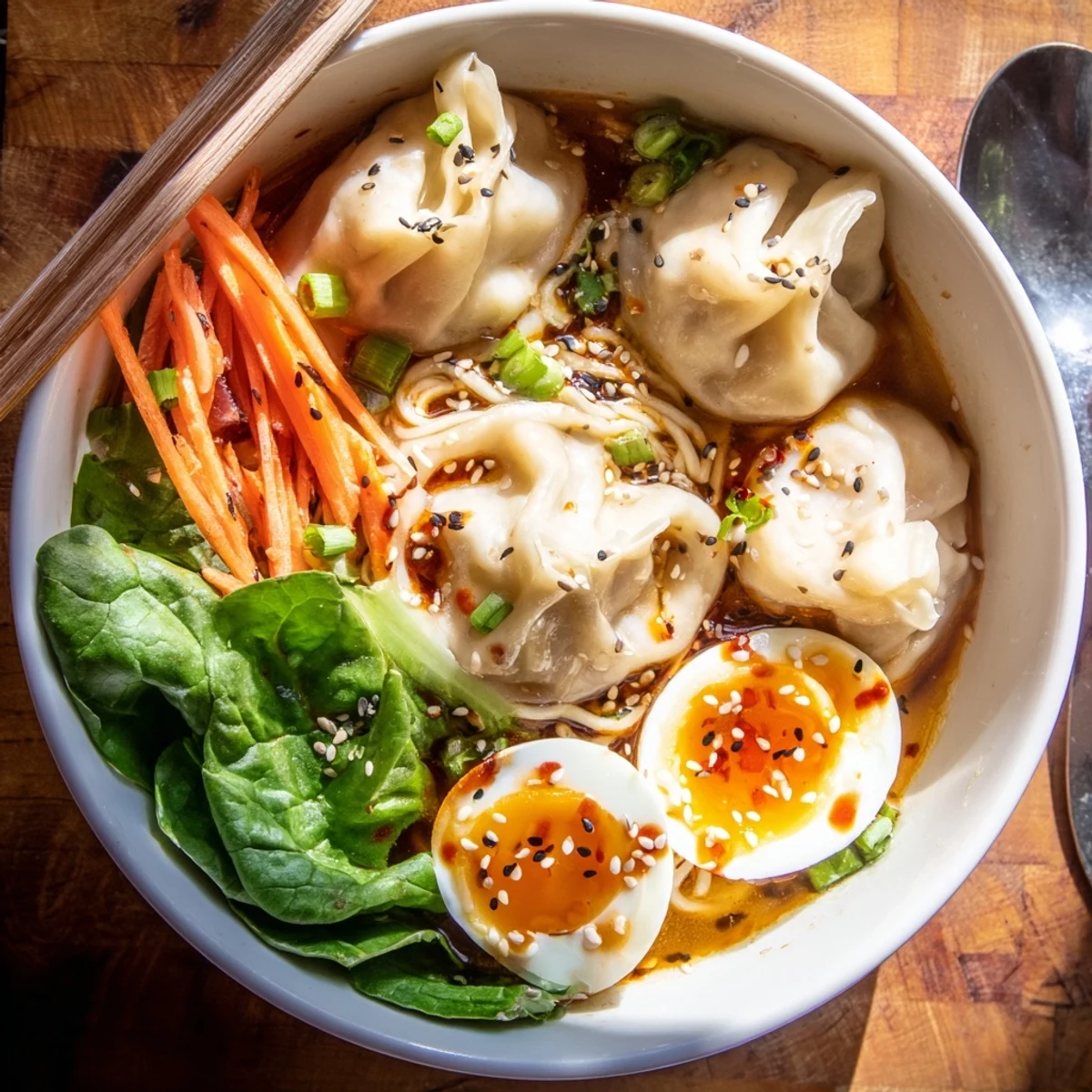 Dumpling Ramen Bowl With Soft Boiled Eggs And Fresh Greens topped with sesame seeds.