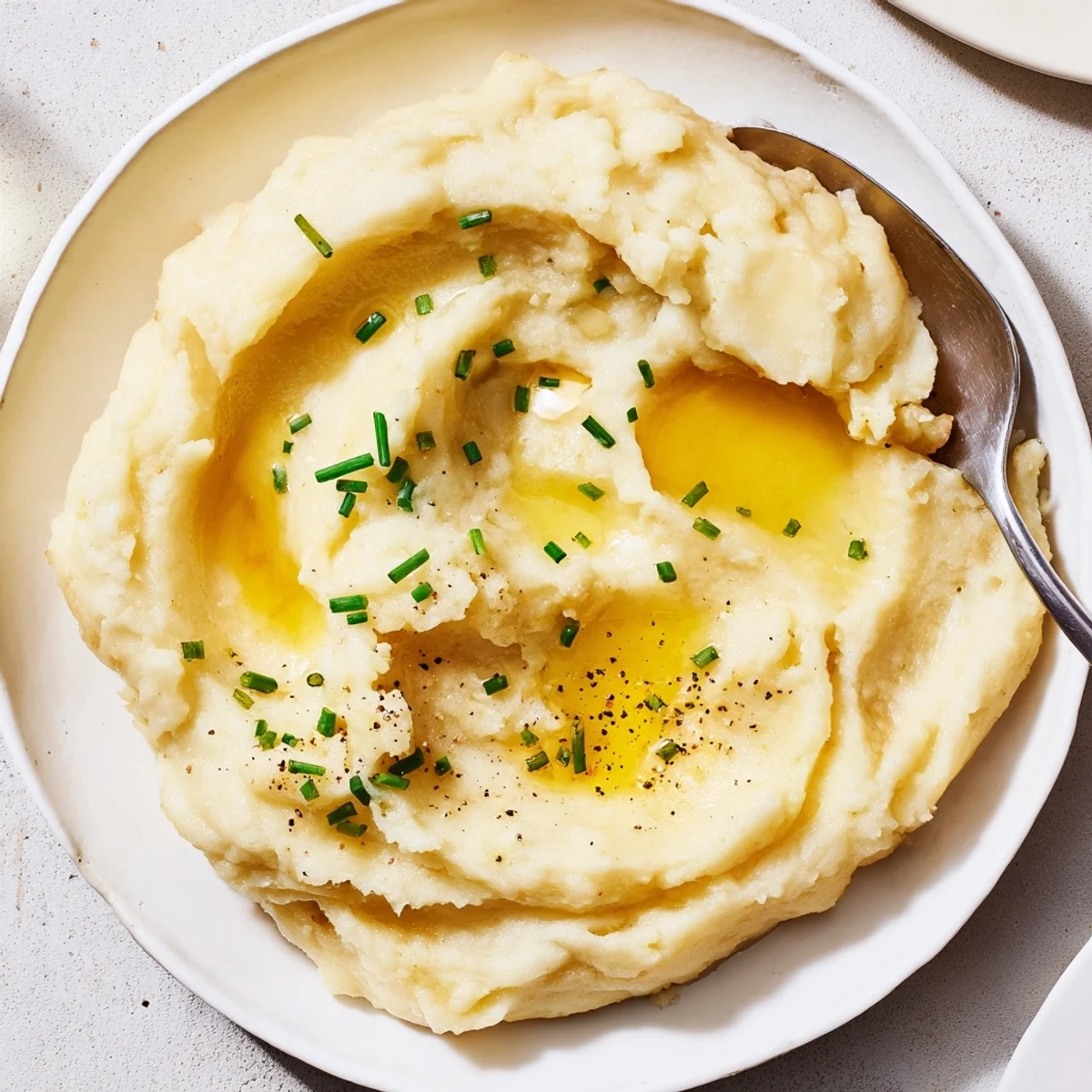 Hearty Mashed Potatoes piled fluffy, buttery sheen, steaming beside roast chicken